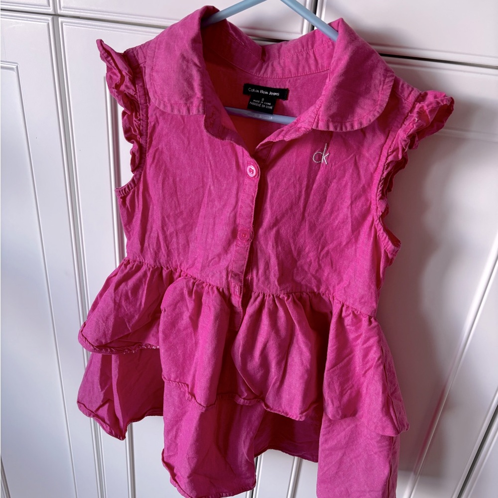 Hot Pink Calvin Klein Linen Girl’s Dress Size 8 with Ruffles